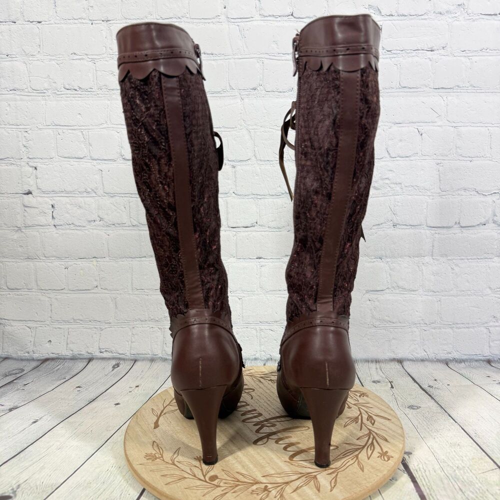 Ellie Victorian Steampunk Lace Up Knee High Boots Size 7 Brown Platform Goth - Picture 7 of 16